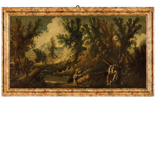 ANTONIO FRANCESCO PERUZZINI (maniera di) (Ancona, 1643 - Milano, 1724)<br>Paesaggio lacustre con fig