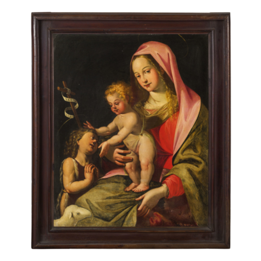 LORENZO SABATINI (seguace di) (Bologna, 1530 - Roma, 1576)<br>Madonna con Bambino e San Giovannino<b