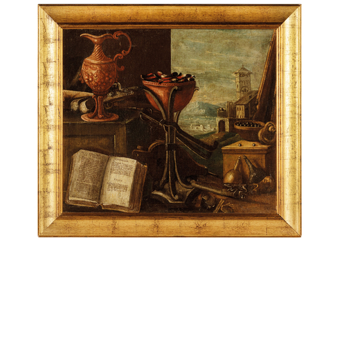 PITTORE LOMBARDO DEL XVII-XVIII SECOLO Natura morta con braciere e armi da fuoco<br>Olio su tela, cm