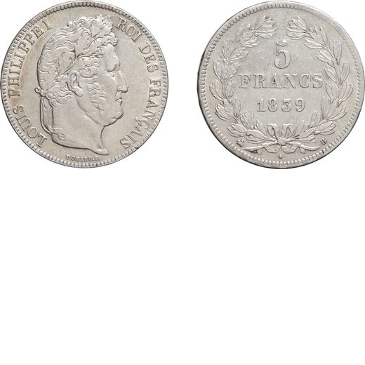 ZECCHE ESTERE. FRANCIA. LUIGI FILIPPO (1830-1848). 5 FRANCHI 1839 B Rouen, argento, 24,9 gr, 37 mm. 