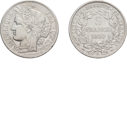 ZECCHE ESTERE. FRANCIA. II REPUBBLICA (1848-1852). 5 FRANCHI 1850 A Parigi, argento, 24,8 gr, 37 mm.