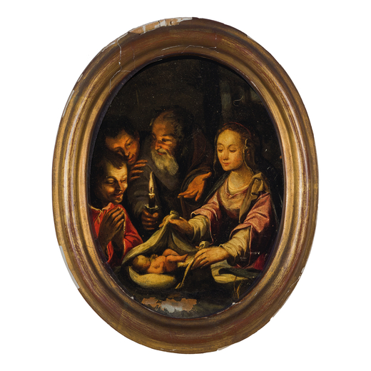 GODEFRIDUS SCHALCKEN (attr. a) (Breda, 1643 - LAia, 1706)<br>Natività<br>Olio su rame ovale, cm 22X
