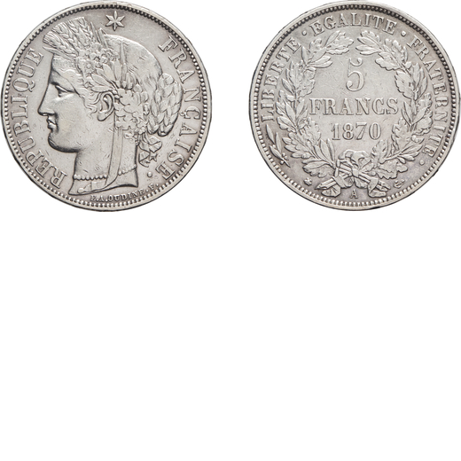 ZECCHE ESTERE. FRANCIA. III REPUBBLICA (1870-1940). 5 FRANCHI 1870 A Parigi, argento, 24,87 gr, 37 m