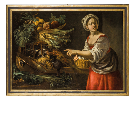 GIACOMO LEGI (attr. a) (Liegi, 1600 - Milano, 1640)<br>Natura morta con ortaggi e figura femminile<b