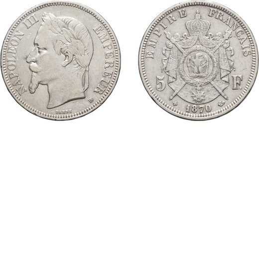 ZECCHE ESTERE. FRANCIA. NAPOLEONE III (1852-1870). 5 FRANCHI 1870 BB Strasburgo, argento, 24,85 gr, 