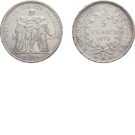ZECCHE ESTERE. FRANCIA. III REPUBBLICA (1870-1940). 5 FRANCHI 1873 A Parigi, argento, 25 gr, 37 mm. 