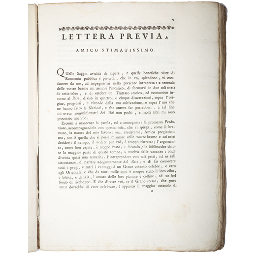 [ECONOMIA - RISICOLTURA] DE TORRES Y RIBERA, Antonio (XVIII sec.). Trattato storico ed economico del
