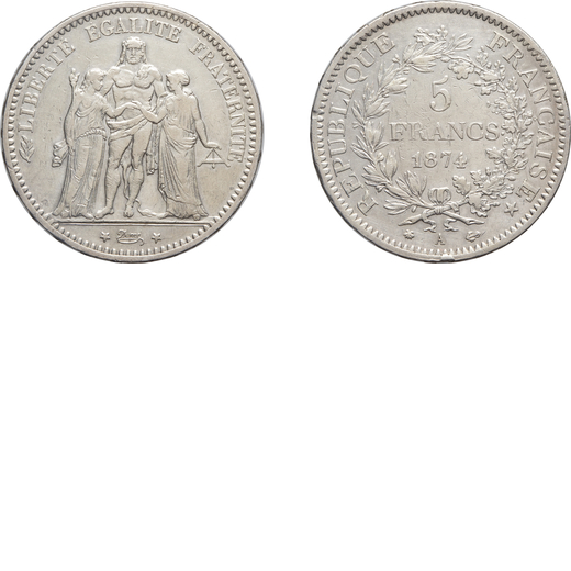 ZECCHE ESTERE. FRANCIA. III REPUBBLICA (1870-1940). 5 FRANCHI 1874 A Parigi, argento, 24,85 gr, 37 m
