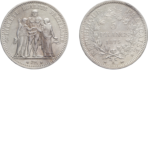ZECCHE ESTERE. FRANCIA. III REPUBBLICA (1870-1940). 5 FRANCHI 1875 A Parigi, argento, 24,97 gr, 37 m