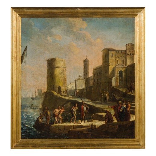 FRANCESCO ANTONIANI (Milano, 1700/1710 - Torino, 1775)<br>Paesaggio costiero con torre<br>Olio su te