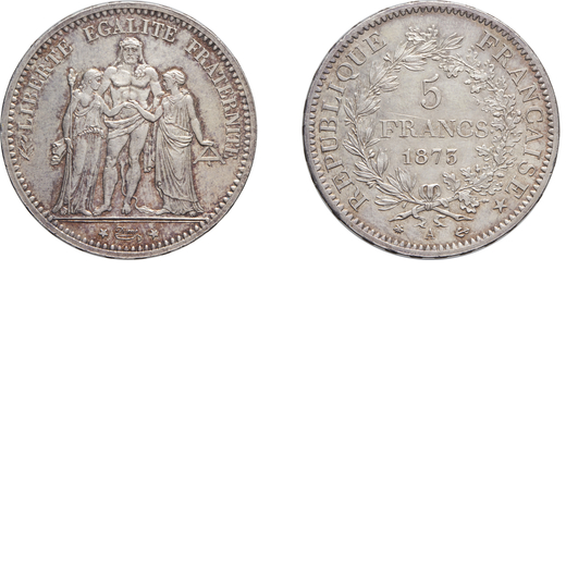 ZECCHE ESTERE. FRANCIA. III REPUBBLICA (1870-1940). 5 FRANCHI 1873 A Parigi, argento, 25,07 gr, 37 m