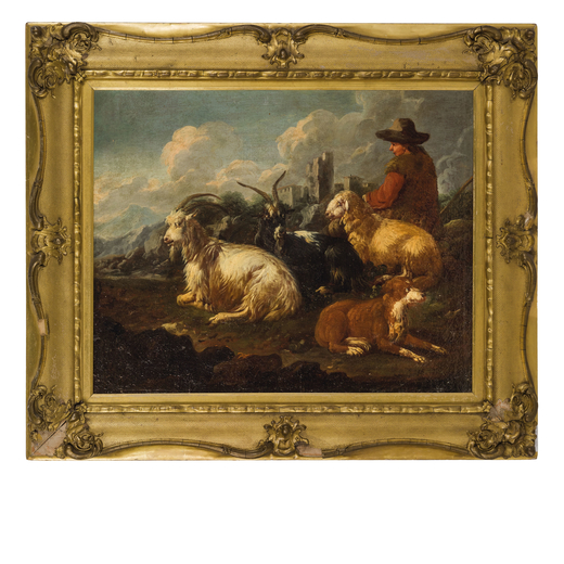 PHILIP PETER ROOS detto ROSA DA TIVOLI (Sankt Goar, 1657 - Roma, 1706)<br>Paesaggi con pastori e arm