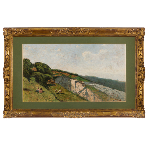 ANTONIO VARNI Genova, 1841 - Sampierdarena, 1908<br>Paesaggio con contadini <br>Firmato A Varni e da