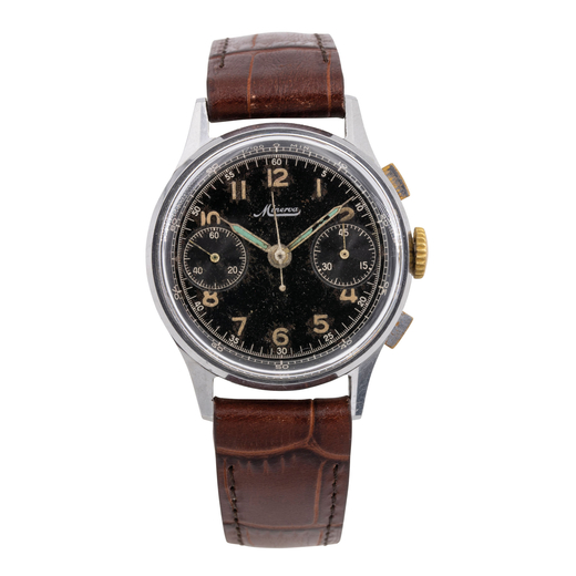 MINERVA VINTAGE, ACIER - Années 50  chronographe en acier, diamètre 36mm, verre plexy, cadran noir