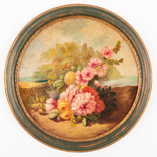 PITTORE DEL XIX-XX SECOLO <br>Paesaggio con fiori<br>Firmato Samuel in basso a destra<br>Olio su tel