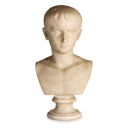 SCULTURA IN MARMO, XIX SECOLO raffigurante busto di Cesare Augusto, base a plinto circolare; usure, 