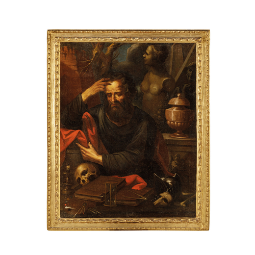 AGOSTINO SCILLA (attr. a) (Messina, 1629 - Roma, 1700) <br>Democrito<br>Olio su tela, cm 120X93