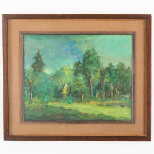 PITTORE DEL XX SECOLO <br>Paesaggio con alberi<br>Olio su faesite, cm 39X50
