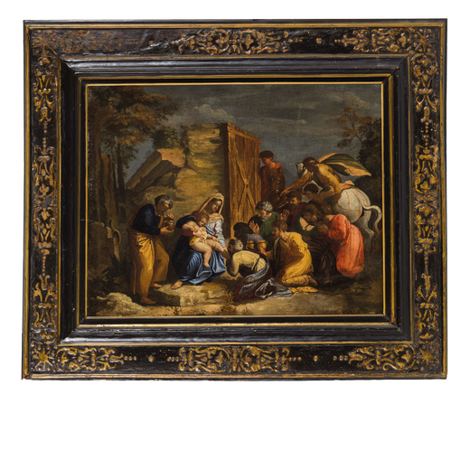 PITTORE DEL XVI-XVII SECOLO Adorazione dei pastori<br>Olio su tela, cm 58X70