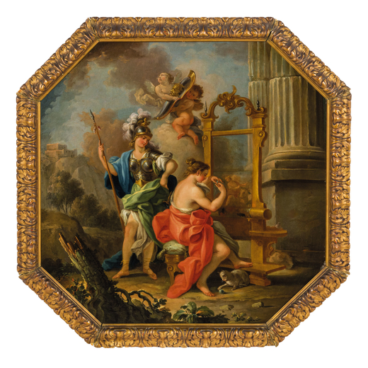 FEDELE FISCHETTI (Napoli, 1732 - 1792)<br>Scena mitologica<br>Olio su tela ottagonale, cm 63,5X63