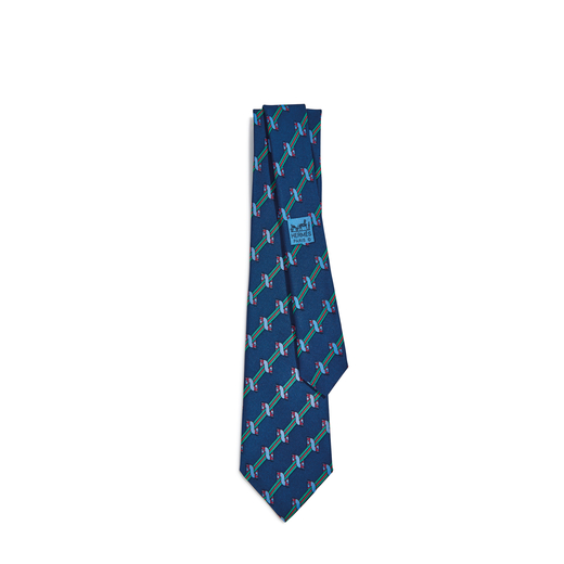HERMÈS PARIS Cravate en twill 100% soie bleu foncé, imprimée à décor de têtes de chevaux sur b