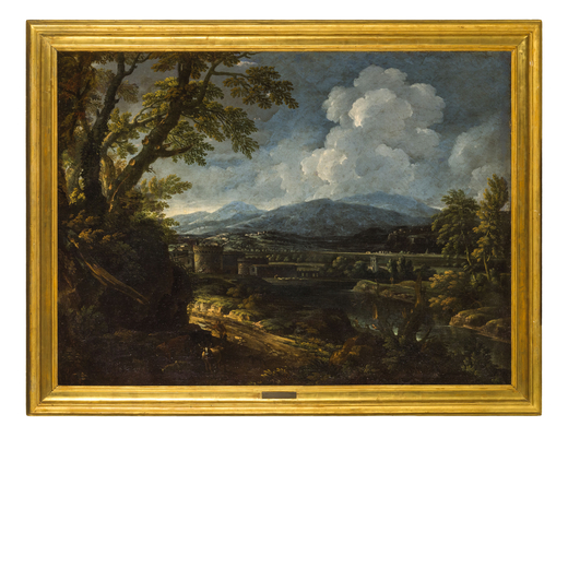 CRESCENZO ONOFRI (Roma, 1634 - Firenze, 1714)<br>Paesaggio<br>Olio su tela, cm 100X135