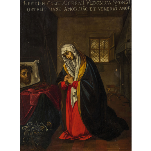 PITTORE DEL XVII SECOLO Santa Veronica <br>Olio su tela, cm 196X146