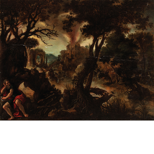 PITTORE FIAMMINGO DEL XVI-XVII SECOLO Paesaggio con San Gerolamo <br>Olio su tavola, cm 38X49