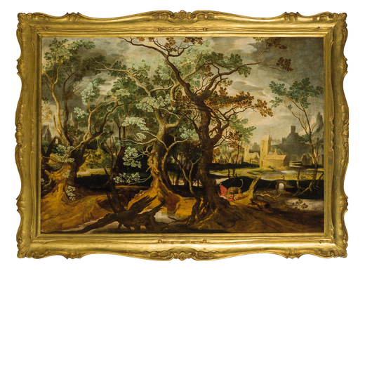 ABRAHAM GOVAERTS (attr. a) (Anversa, 1589 - 1626)<br>Paesaggio con la morte di Milone<br>Olio su tel