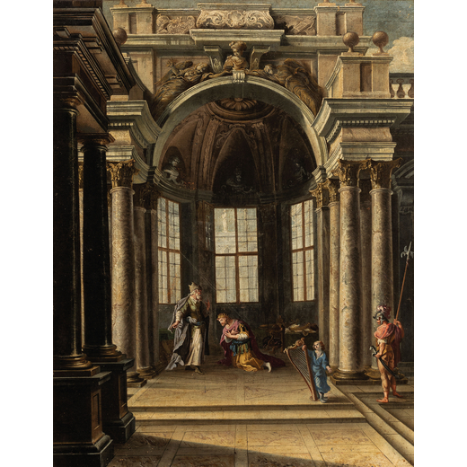 ALBERTO CARLIERI (Roma, 1672 - 1720 circa)<br>Architettura con re Davide e Natan<br>Olio su tela, cm