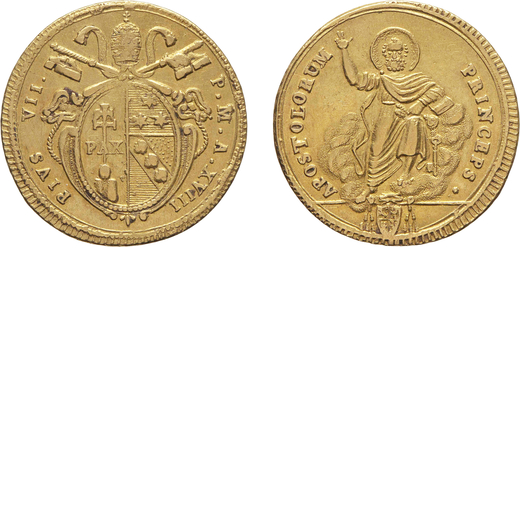 MONETE PAPALI. PIO VII (1800-1823). DOPPIA ANNO XVIII Roma. Oro, 5,47 gr, 22 mm. Meglio di BB/SPL<br