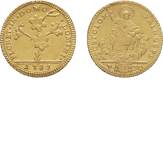 MONETE PAPALI. PIO VI (1774-1799). DOPPIA 1785  Roma. Oro, 5,45 gr, 22x23 mm. BB<br>D: FLORET IN DOM
