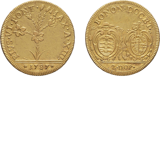 MONETE PAPALI. PIO VI (1774-1799). DUE DOPPIE 1787 Bologna. Oro, 10,90 gr, 27 mm. SPL<br>D: PIVS VI 