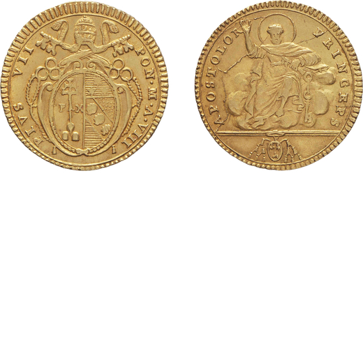 MONETE PAPALI. PIO VII (1800-1823). DOPPIA 1807  Roma. Oro, 5,50 gr, 23 mm. BB<br>D: PIVS VII PON M 