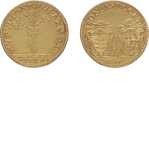 MONETE PAPALI. PIO VI (1774-1799). DUE DOPPIE 1787 Bologna. Oro, 10,88 gr, 26 mm. BB<br>D: PIVS VI P