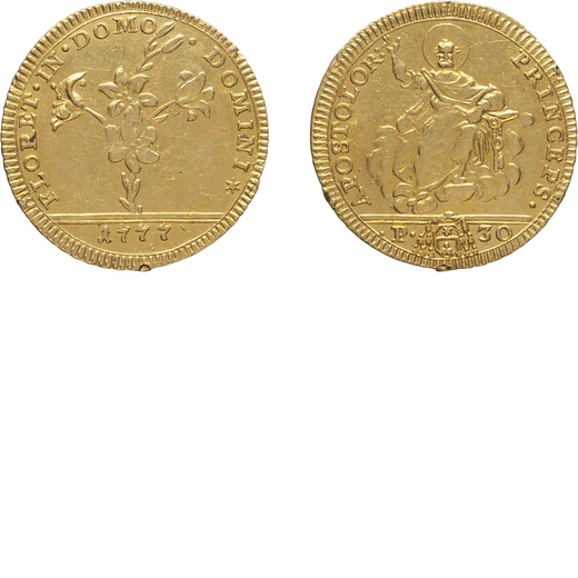 MONETE PAPALI. PIO VI (1774-1799).  DOPPIA 1777 Roma. Oro, 5,47 gr, 24 mm. Minimi colpetti al bordo,