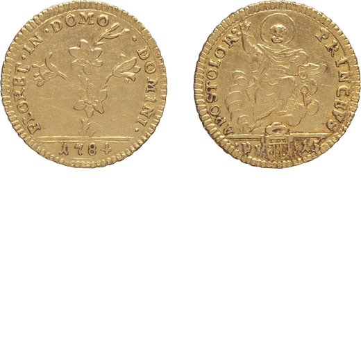MONETE PAPALI. PIO VI (1774-1799). MEZZA DOPPIA 1784 Roma. Oro, 2,72 gr, 20 mm. SPL<br>D: FLORET IN 