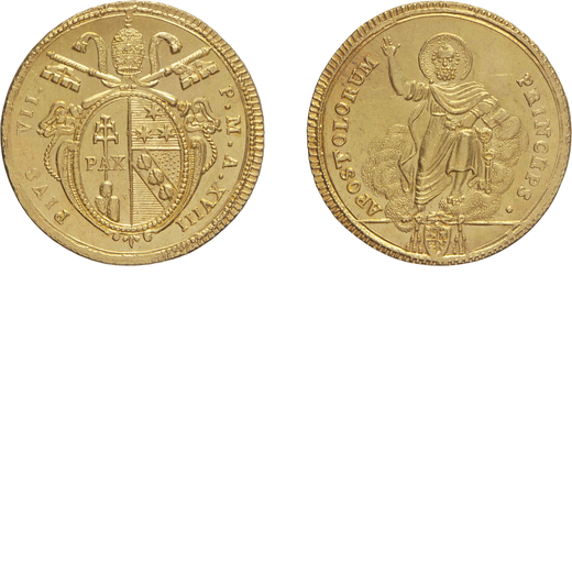 MONETE PAPALI. PIO VII (1800-1823). DOPPIA ANNO XVIII  Roma. Oro, 5,50 gr, 22,5 mm. FDC<br>D: PIVS V