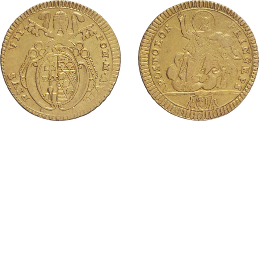 MONETE PAPALI. PIO VII (1800-1823). DOPPIA ROMANA ANNO VIII Roma. Oro, 5,50 gr; 23 mm; BB<br>D: PIVS
