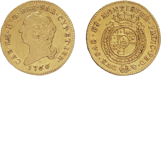 SAVOIA. CARLO EMANUELE III (1730-1773). MEZZA DOPPIA 1766 Oro, 4,80 gr, 22 mm. Meglio di BB/qSPL<br>