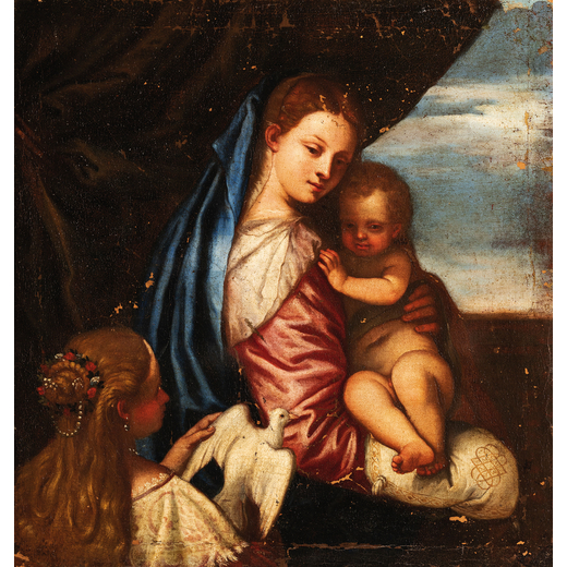 PAOLO VERONESE (seguace di) (Verona, 1528 - Venezia, 1588)<br>Madonna con Bambino e Santa Caterina<b