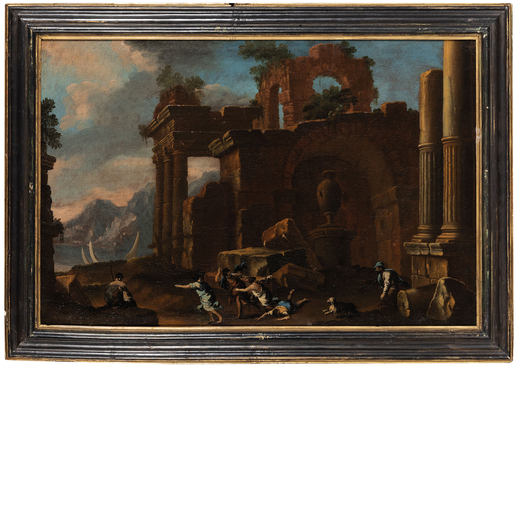 CLEMENTE SPERA (Novara, 1661 - Milano, 1742)<br>Rovine architettoniche con veduta costiera<br>Olio s