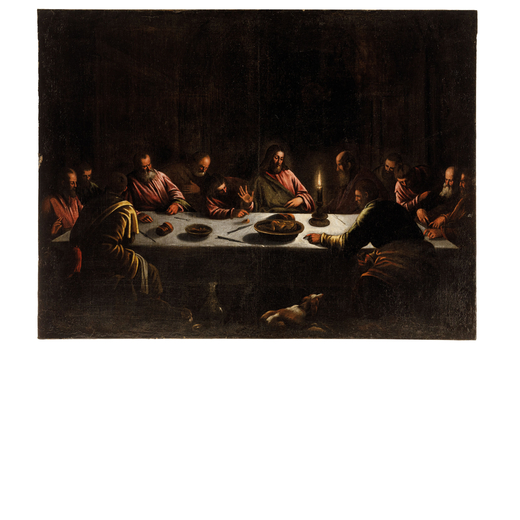 FRANCESCO BASSANO (bottega di) (Bassano, 1549 - Venezia, 1592)<br>Ultima cena<br>Olio su tela, cm 98