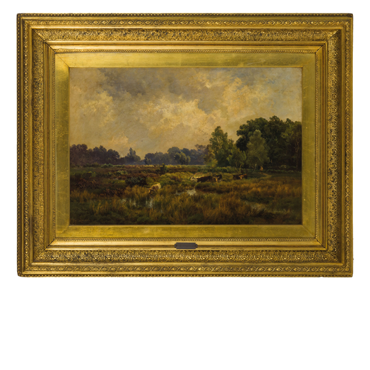 ALFRED DE BREANSKI Greenwich, 1852 - 1928<br>Paesaggio con mucche<br>Firmato A D e Breansky e datato