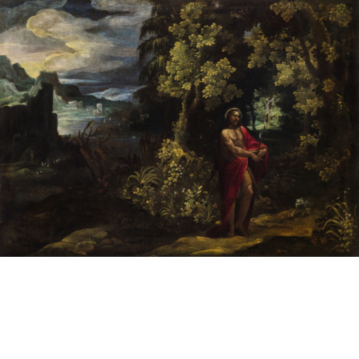 PAUL BRIL (attr. a) (Anversa, 1554 - Roma, 1626) <br>Paesaggio con San Giovanni Battista <br>Olio su