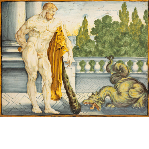 PLACCA IN MAIOLICA POLICROMA, FORNACE GENTILI, CASTELLI, XVIII-XIX SECOLO raffigurante Ercole e il d