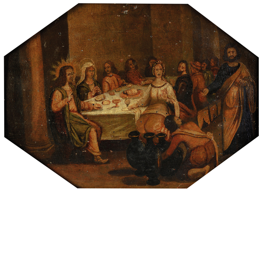 PITTORE DEL XVII SECOLO Cena in casa del fariseo<br>Olio su tavola, cm 28X37,5