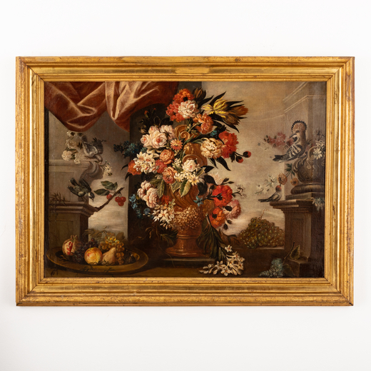 PITTORE LOMBARDO-VENETO DEL XVII-XVIII SECOLO Natura morta con fiori, frutti, uccellino e pappagallo