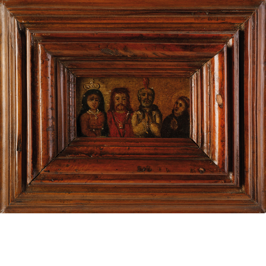 PITTORE DEL XVIII SECOLO Quattro figure sacre<br>Olio su tavola, cm 7,2X12,5