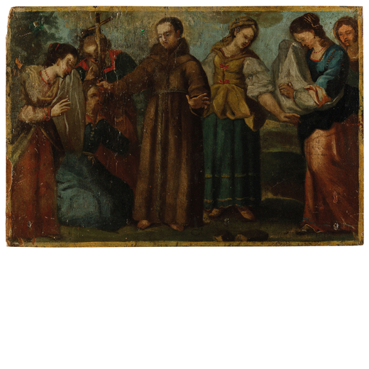 PITTORE DEL XVII SECOLO Episodio della vita di San Francesco<br>Olio su tavola, cm 26,5X39,5